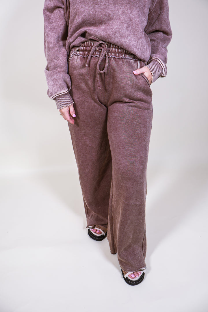 Acid Wash Fleece Palazzo Sweatpants - Brown