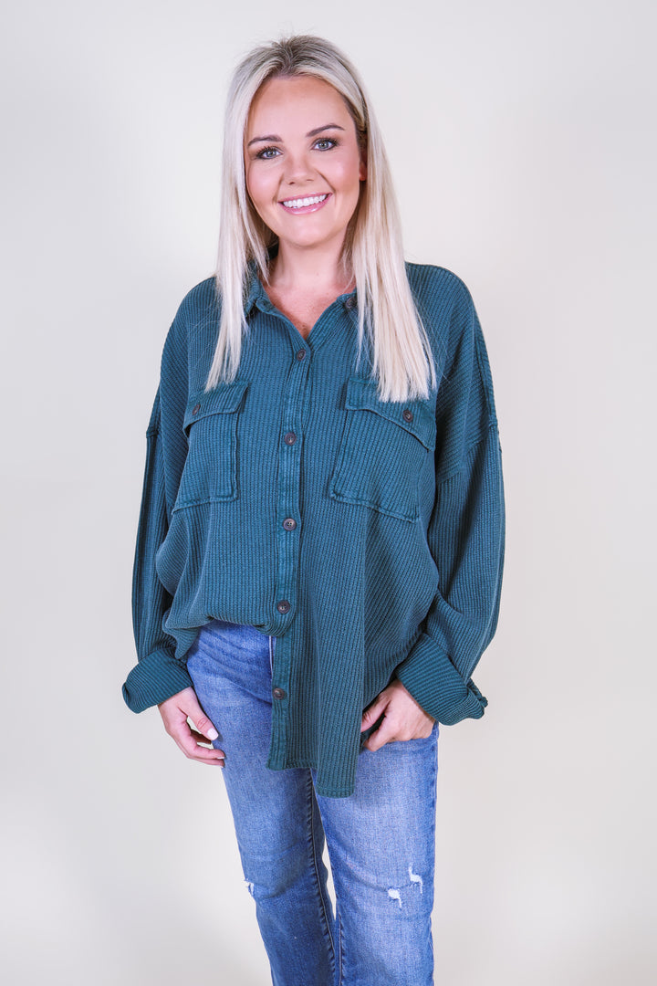 Mineral-Wash Oversized Waffle Knit Shacket - Deep Green