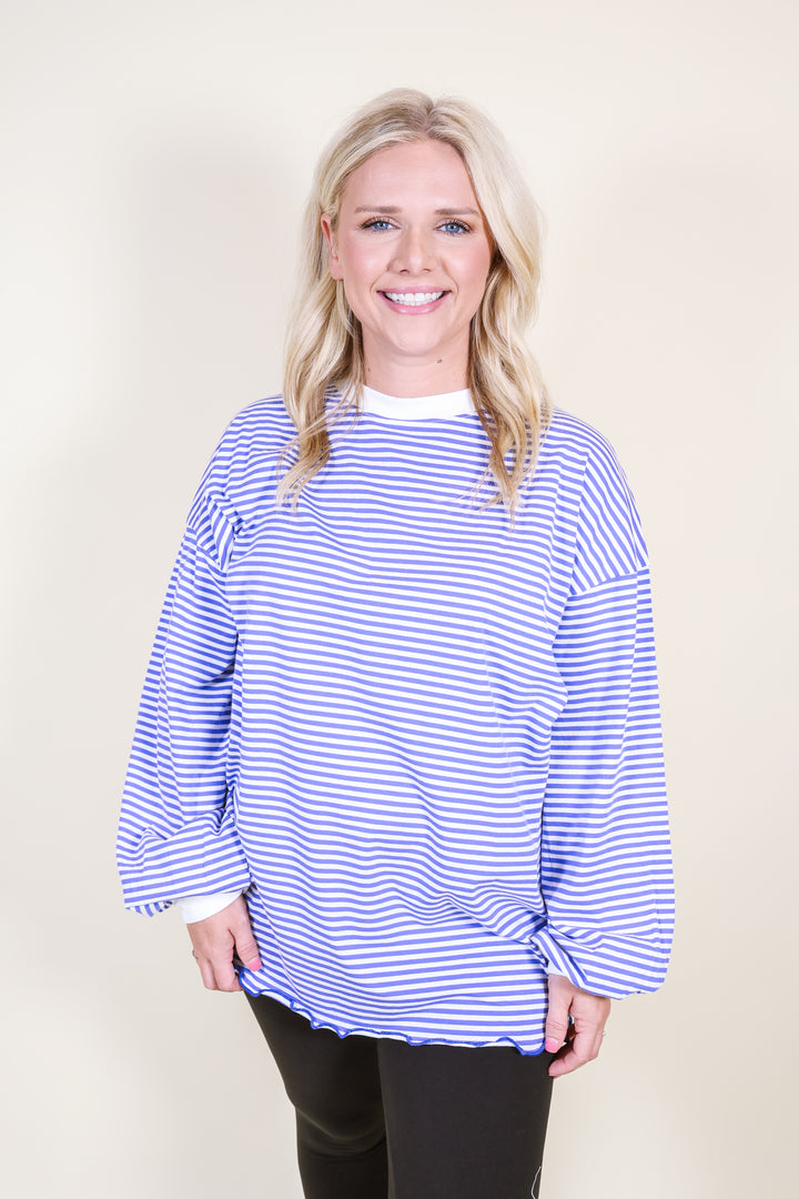Oversized Striped Long Sleeve Pullover Top - Blue