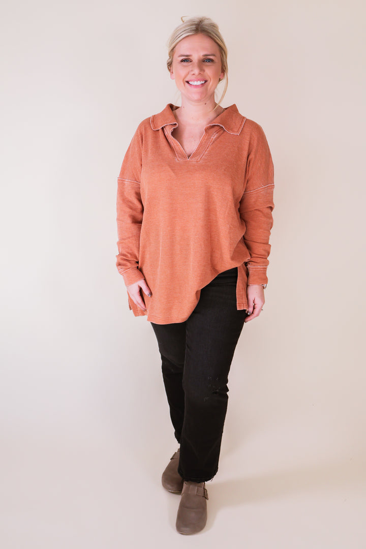 The Everyday Waffle Collared Top - Burnt Amber
