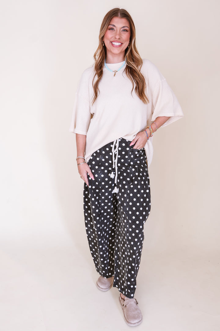 Polka Dot Pleated Barrel Pants - Black