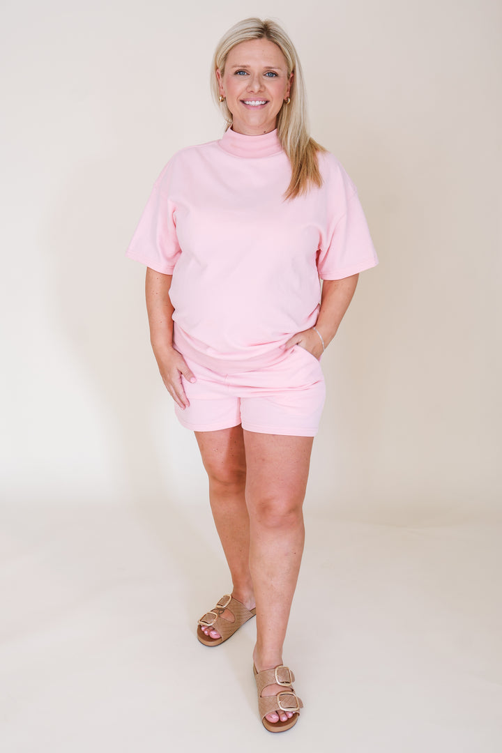 Exclusive Mock Neck Short Sleeve & Shorts Set - Pink