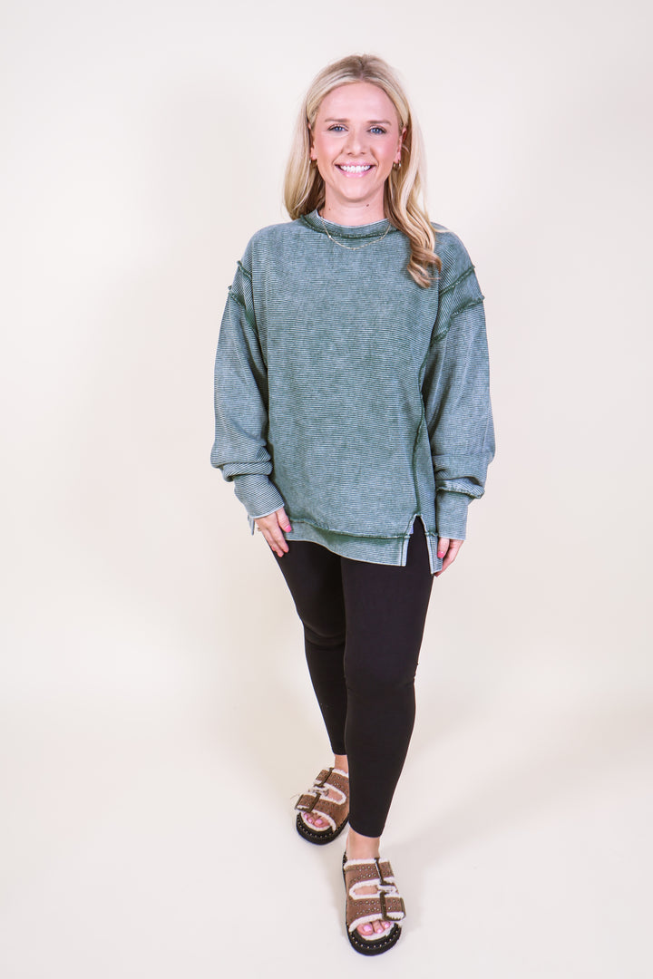 Acid Washed Double Ribbed Pullover - Dk Green