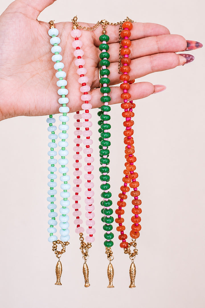 Gemstone Beaded Fish Charm Necklace - Orange
