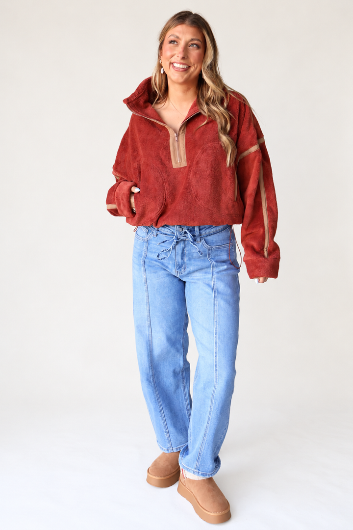 High Rise Waist Tie Crop Wide Barrel Jeans