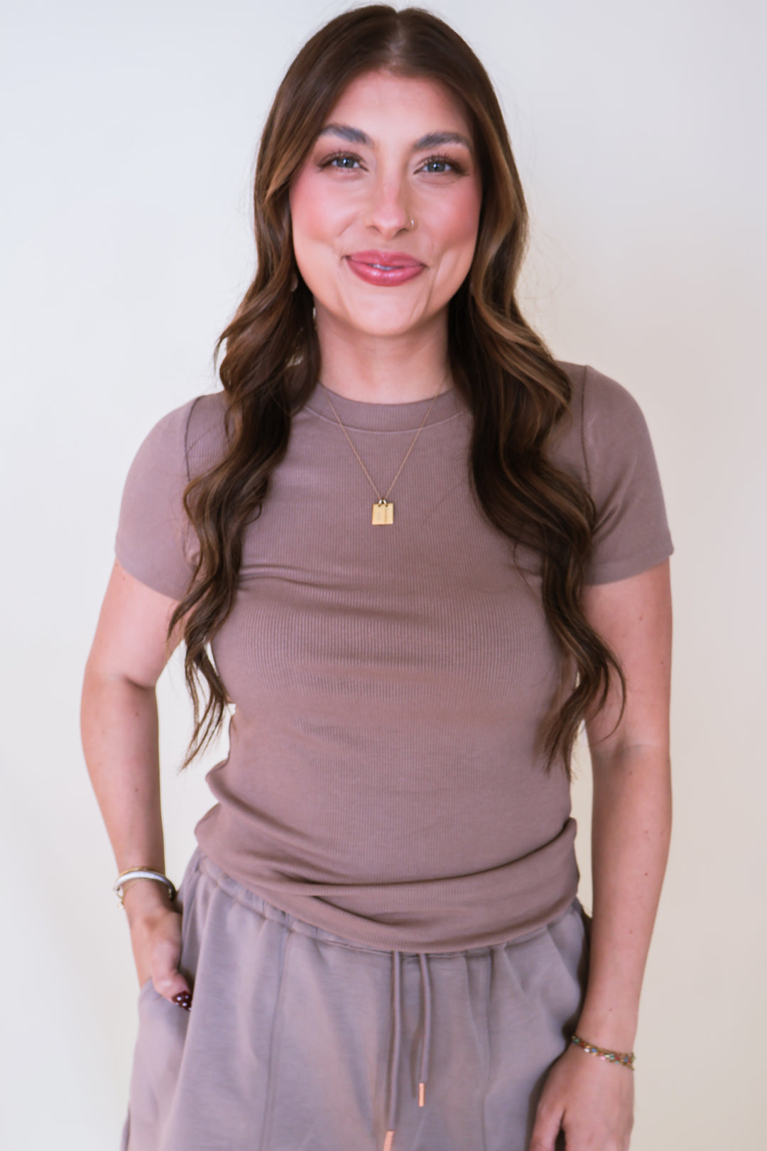 Essential Short-Sleeved Micro-Ribbed Athleisure Top - Silken Taupe