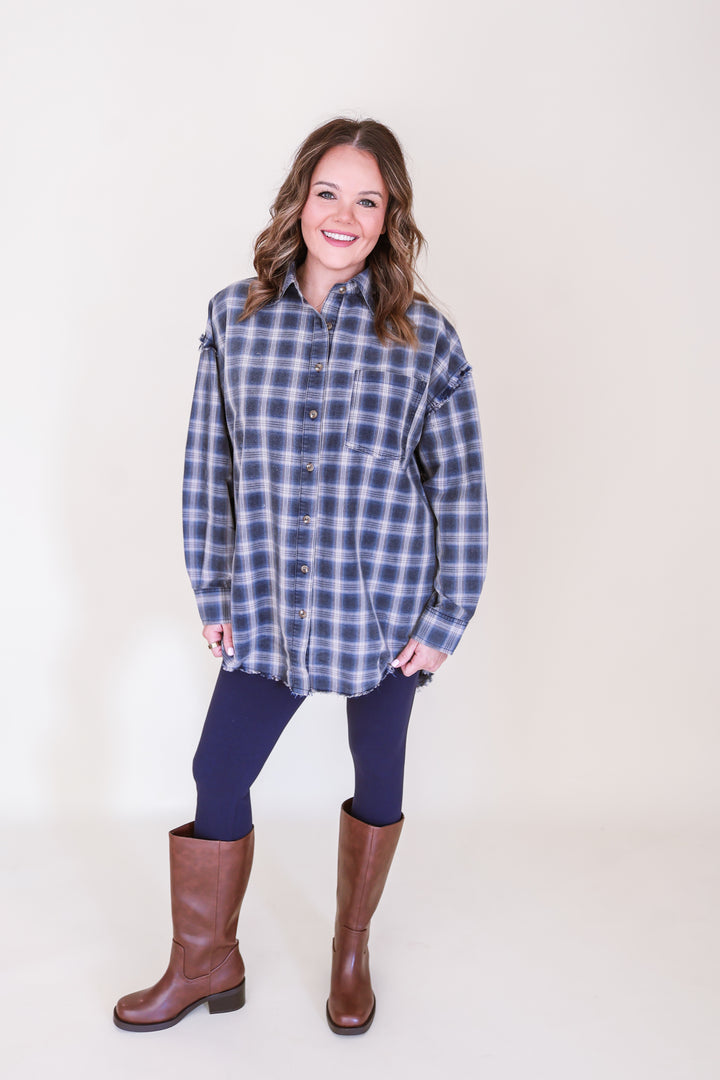 Oversized Raw-Edge Plaid Flannel - Retro Blue