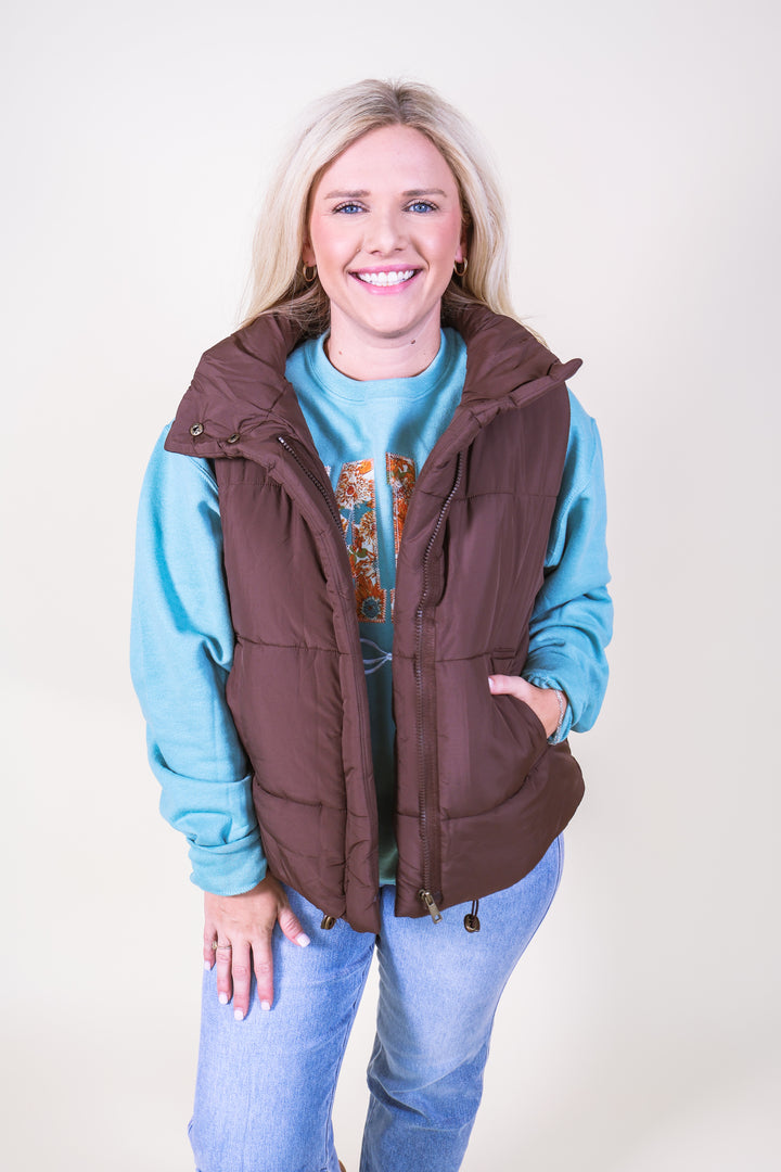 High Neck Puffer Vest - Brown