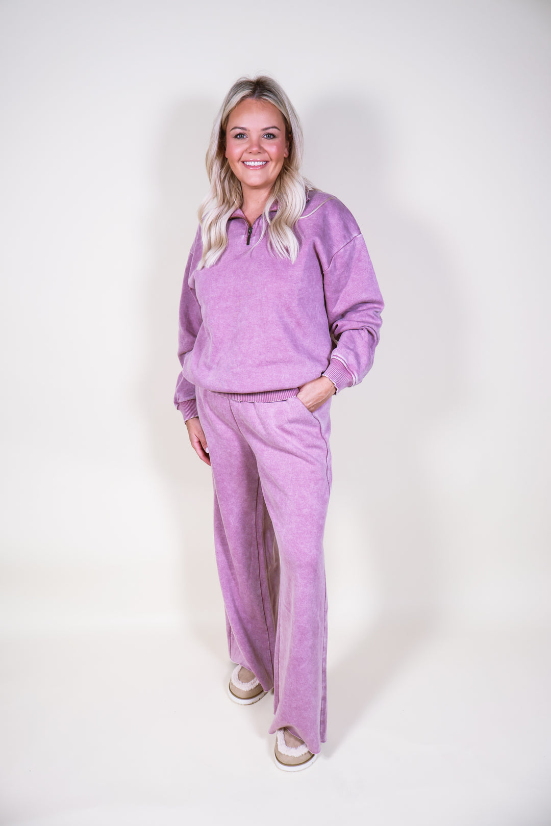 Acid Wash Fleece Palazzo Sweatpants - Lt Rose