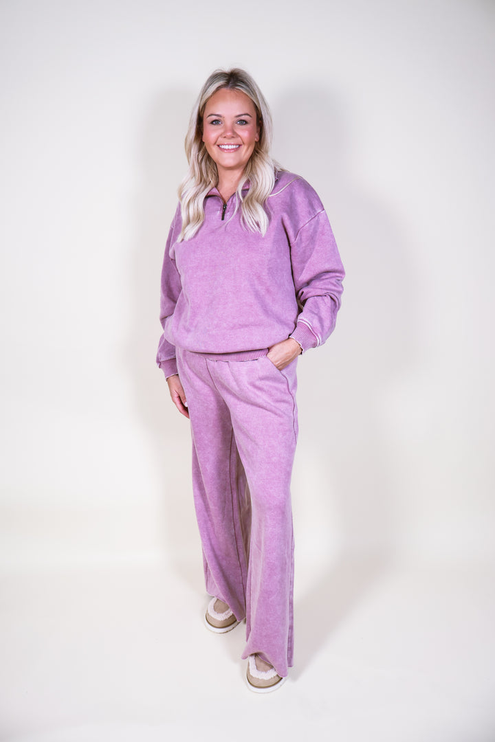 Acid Wash Fleece Palazzo Sweatpants - Lt Rose