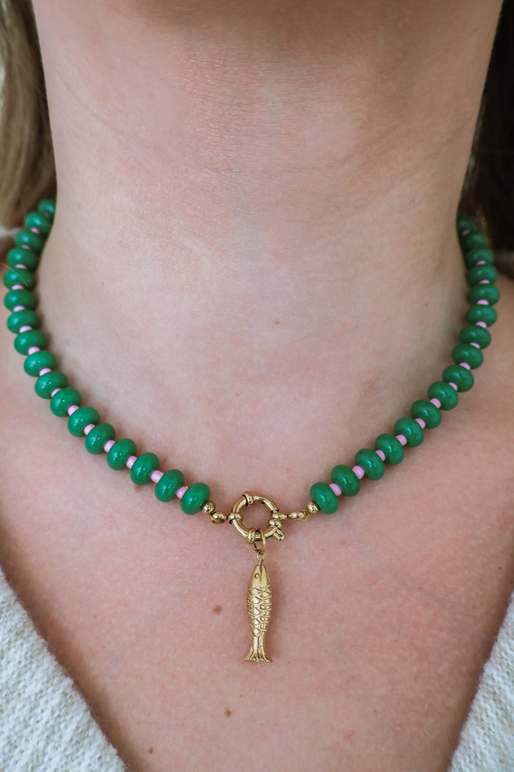 Gemstone Beaded Fish Charm Necklace - Green