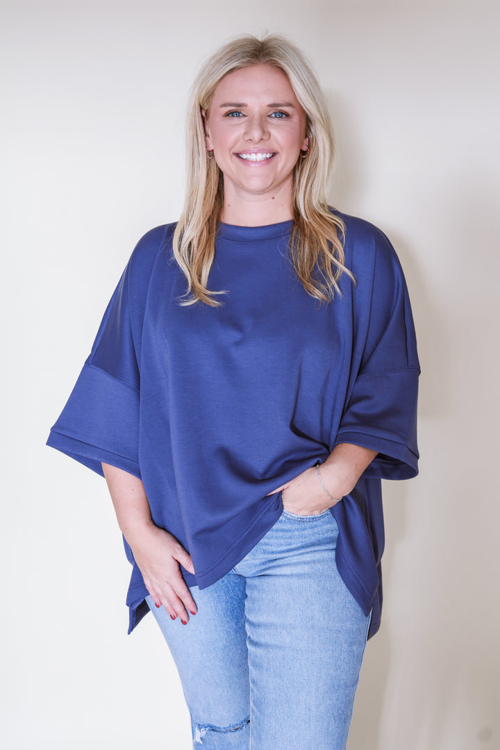 Scuba Round Neck Top with Side Slits - Blue Indigo