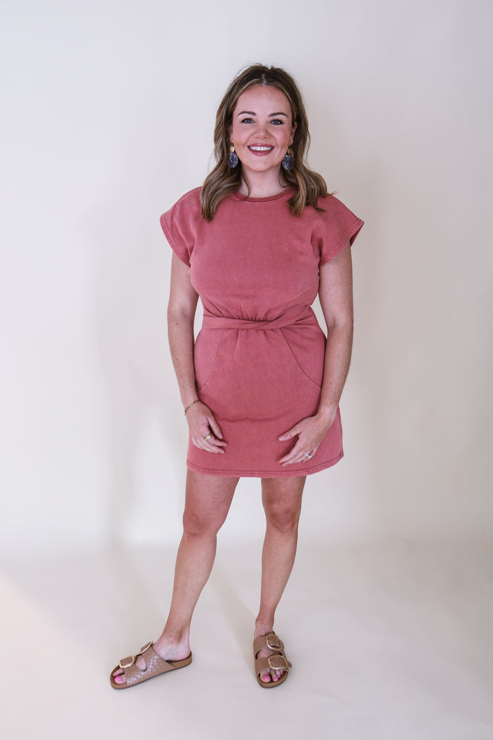 Mineral Wash Twist Mini Dress - Marsala