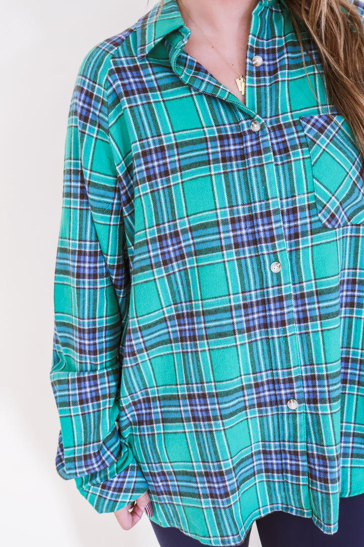 Oversized Plaid Button Down Shirt - Green