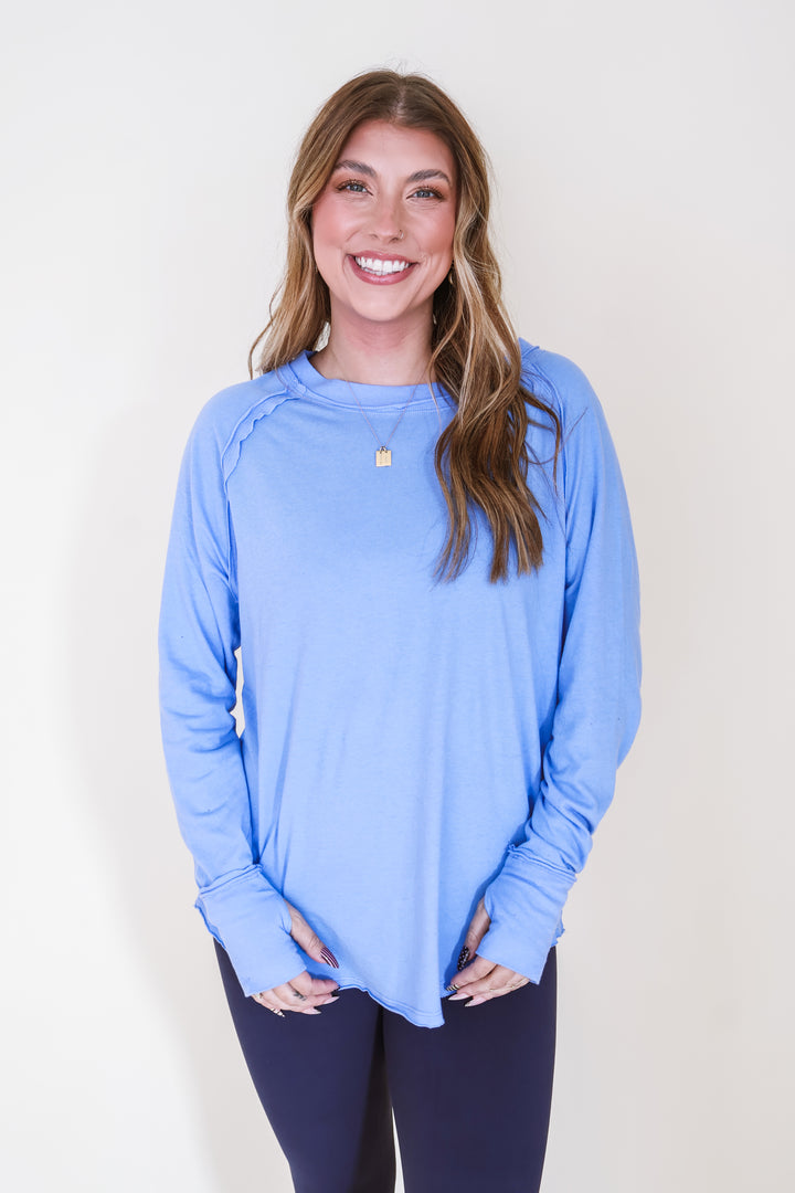 Cotton Raglan Sleeve Thumbhole Top - Blue