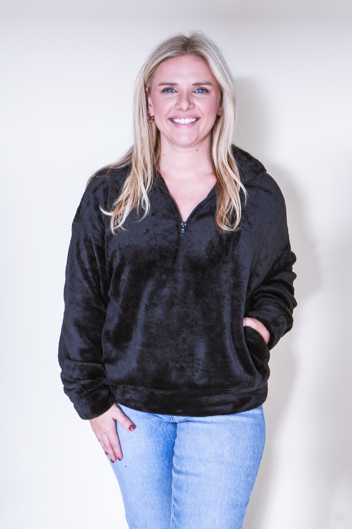 Faux Fur Half Zip Pocket Pullover - Black