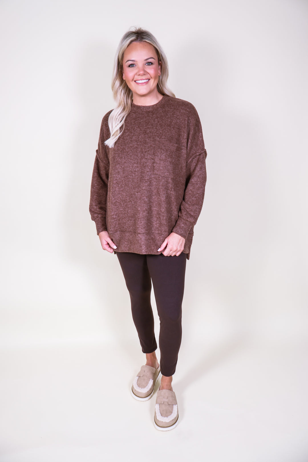 Brushed Melange Drop Shoulder Oversized Sweater - Brown