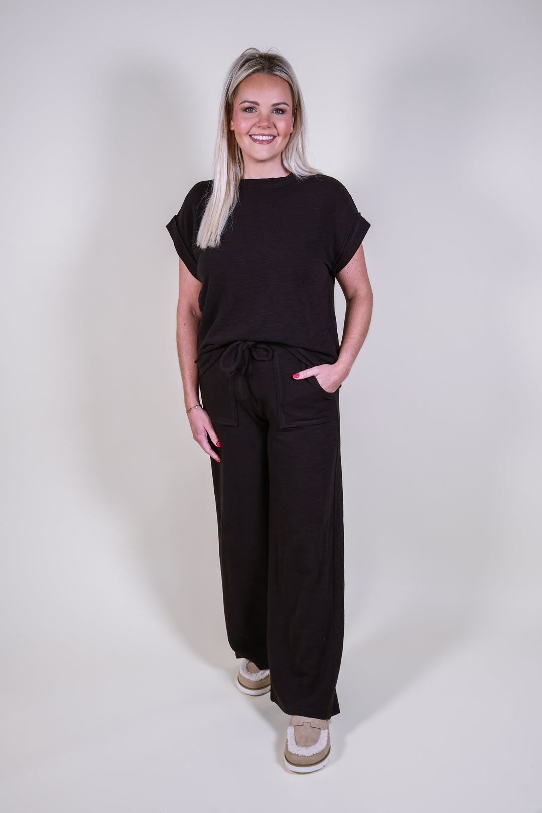 Slub Short Sleeve Tee & Pants Set - Black