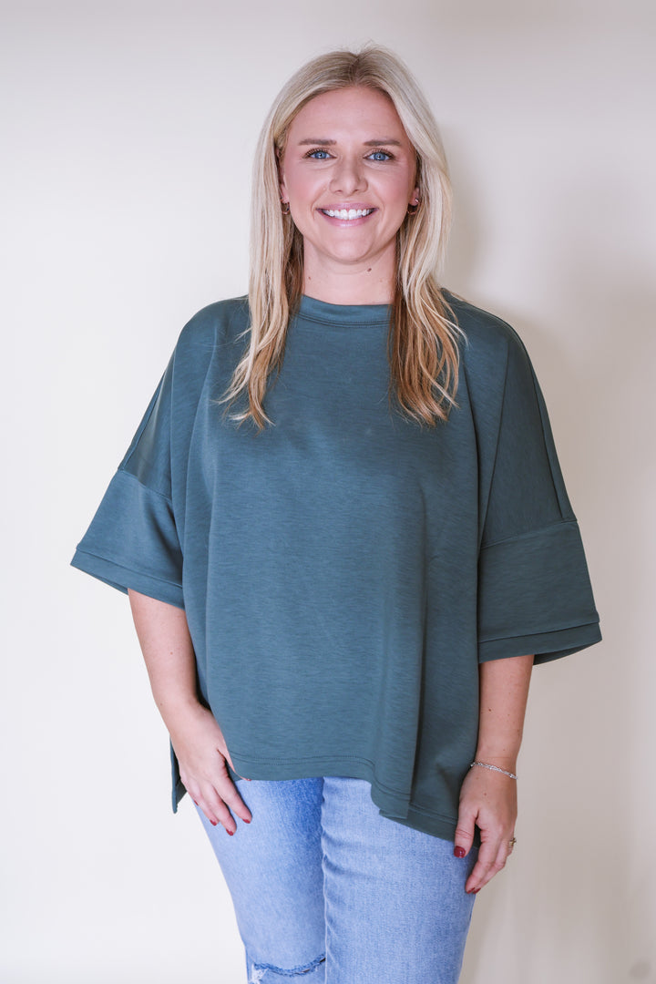 Scuba Round Neck Top with Side Slits - Dk Forest