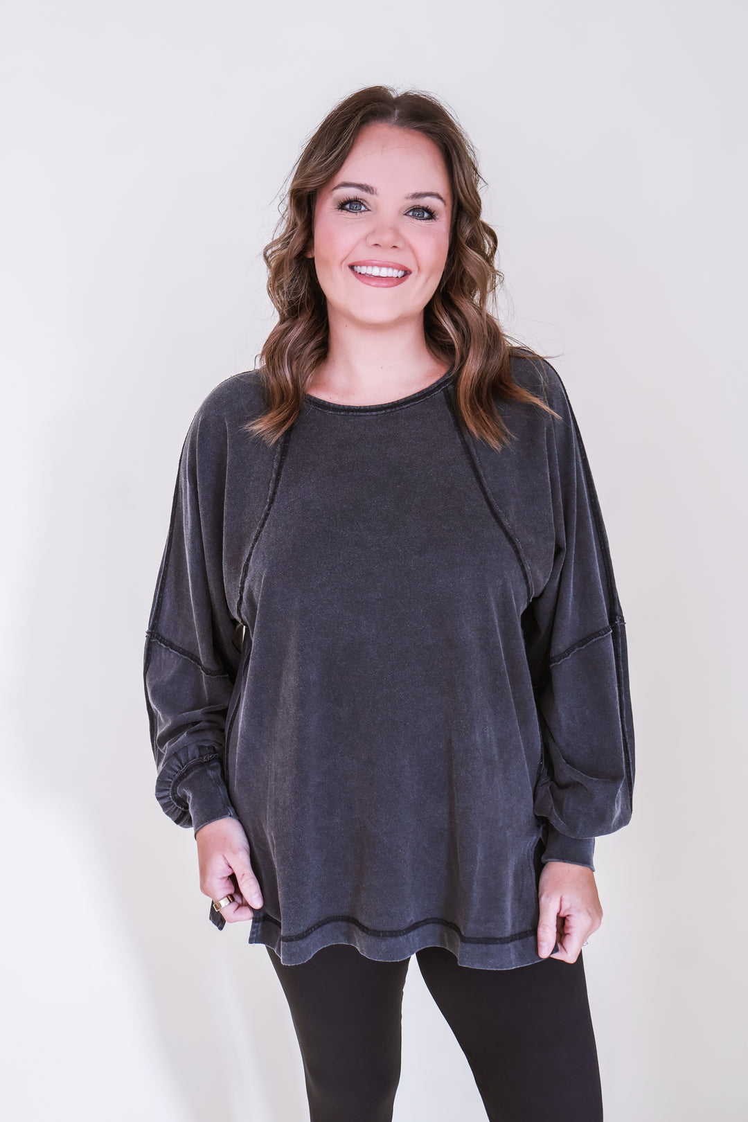 Raglan Sleeve Snow Wash Top - Black