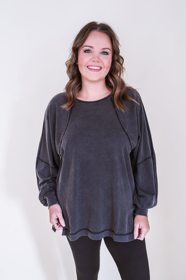 Raglan Sleeve Snow Wash Top - Black