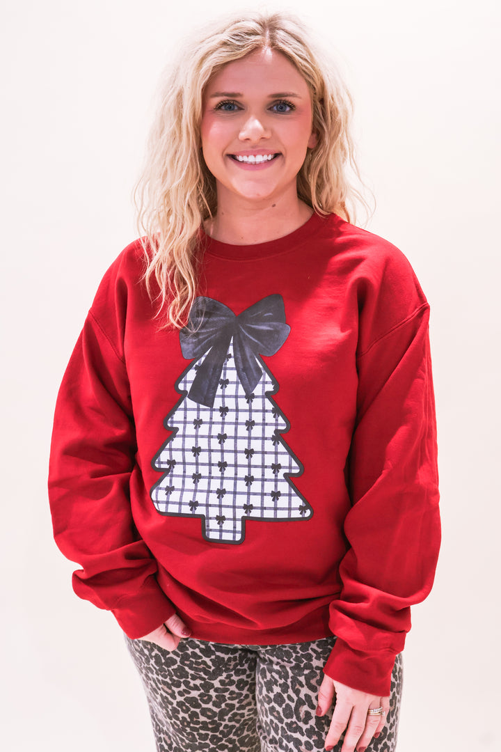 Sleek Black Christmas Tree Sweatshirt - Burgundy