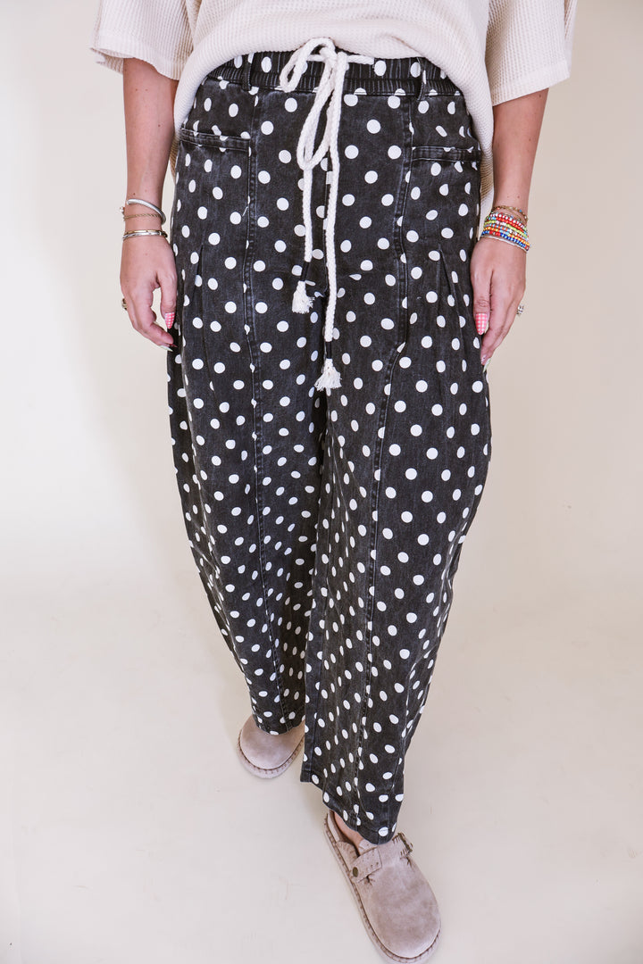 Polka Dot Pleated Barrel Pants - Black
