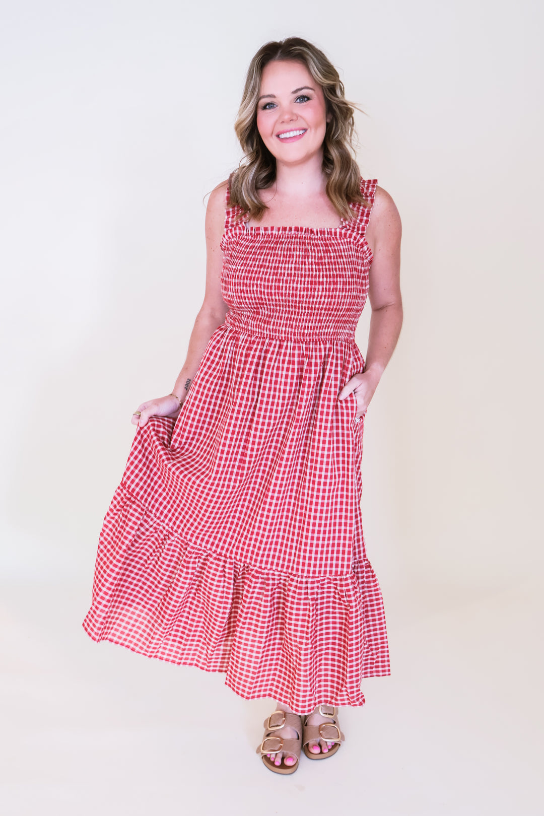 Gingham Tiered Midi Dress - Red