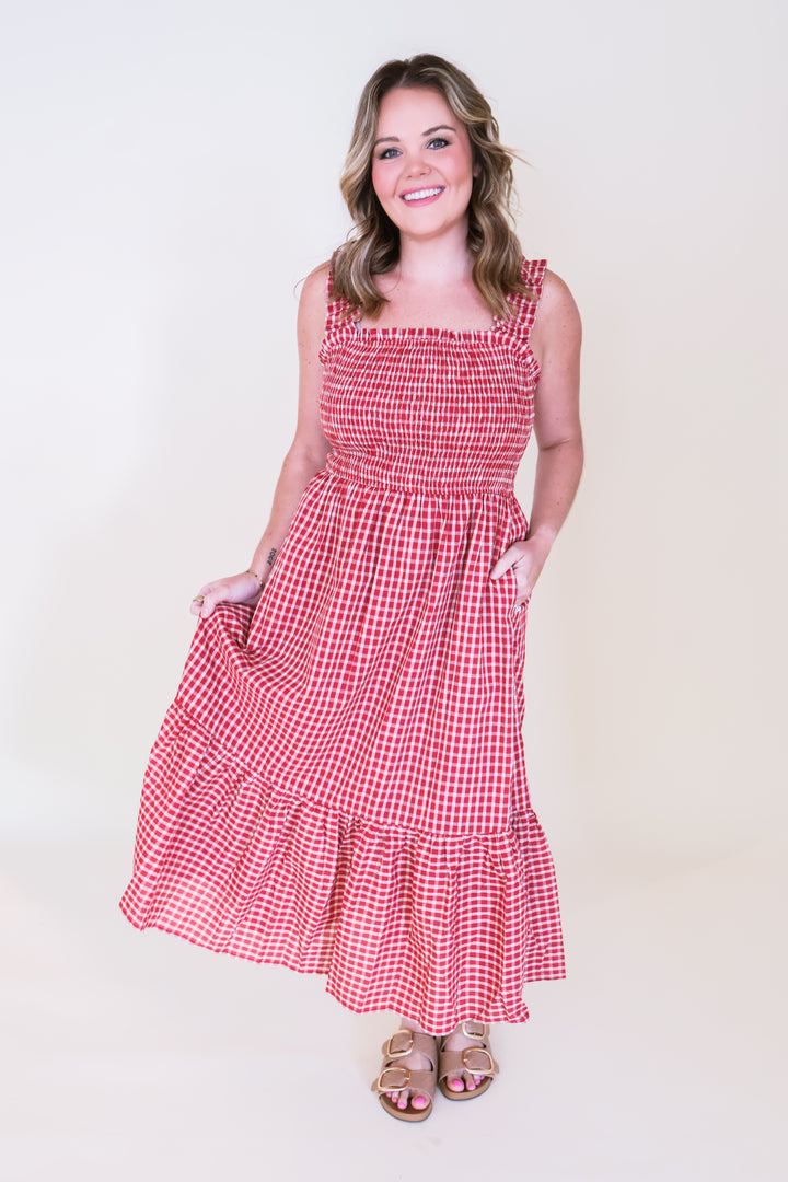 Gingham Tiered Midi Dress - Red