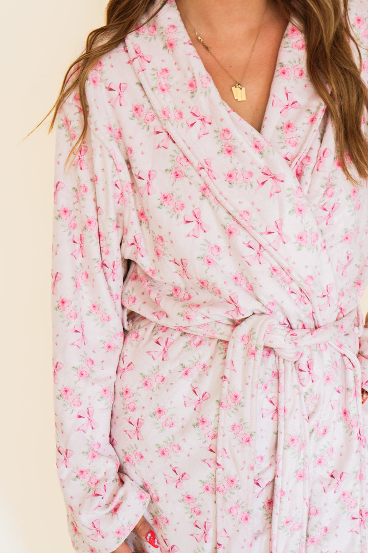 Cozy Soft Flower Print Robe - Pink Bow