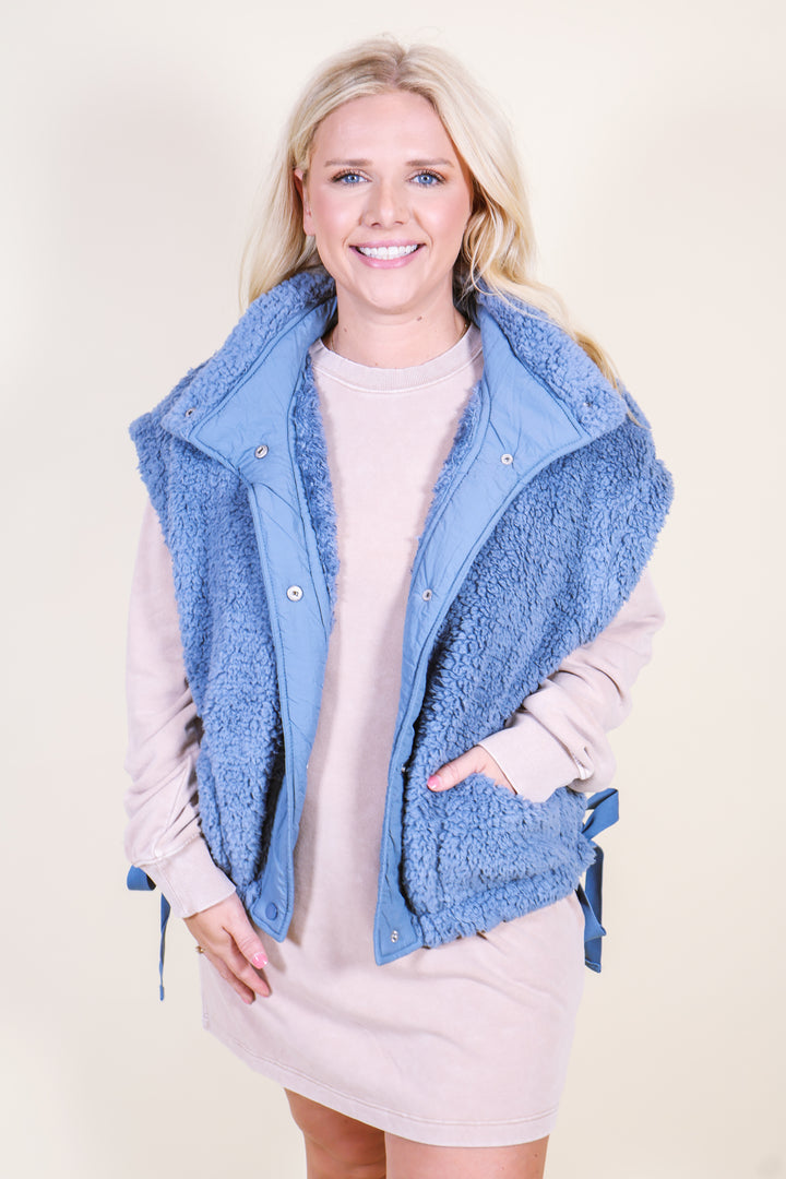 Oversized Faux Fur Vest - Dusty Blue