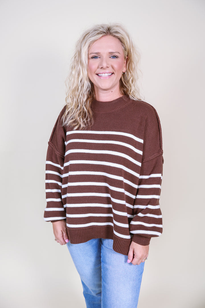 Exposed Seam Striped Oversized Sweater - Brown