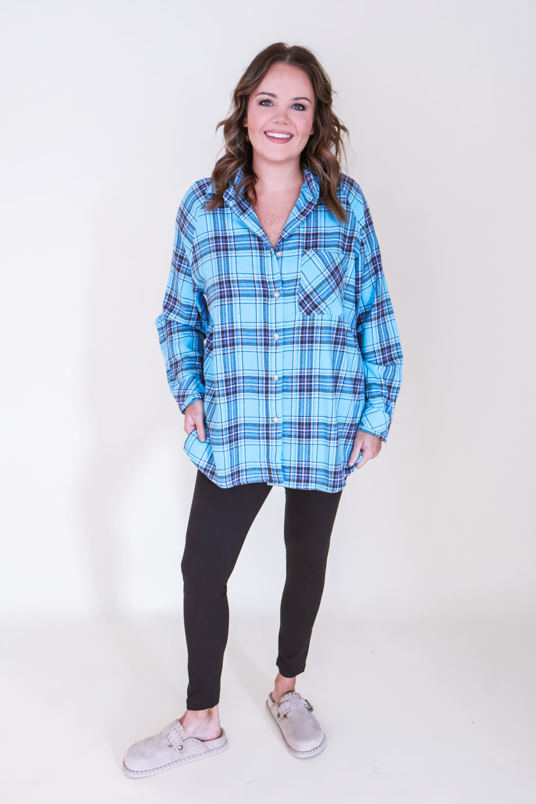 Oversized Plaid Button Down Shirt - Sky