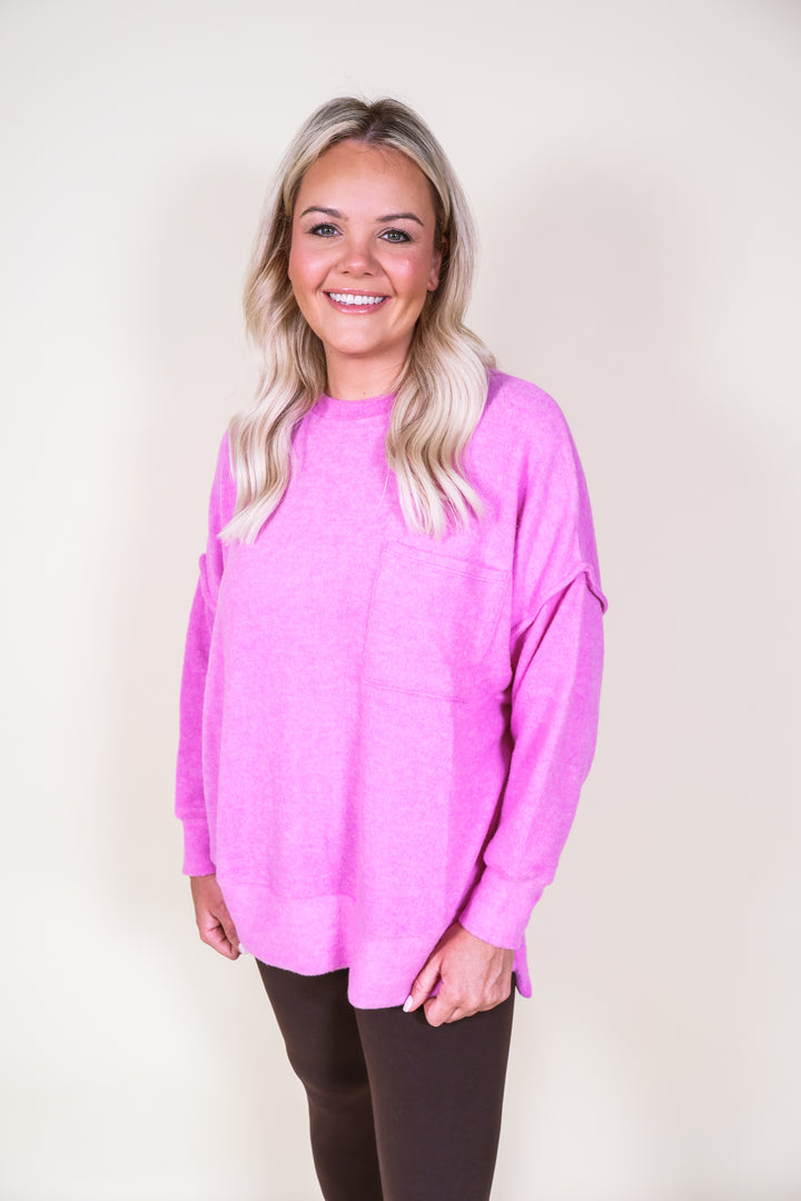 Brushed Melange Drop Shoulder Oversized Sweater - Bright Mauve