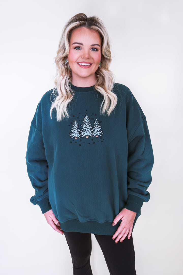 Green Christmas Tree Embroider Sweatshirt