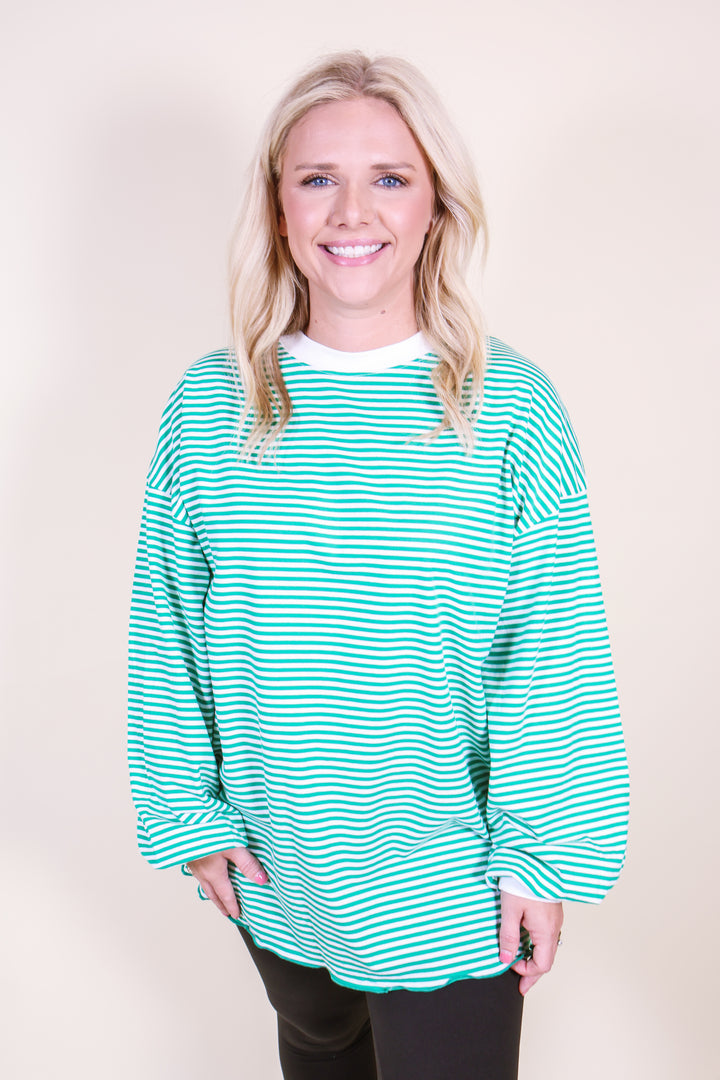 Oversized Striped Long Sleeve Pullover Top - Green