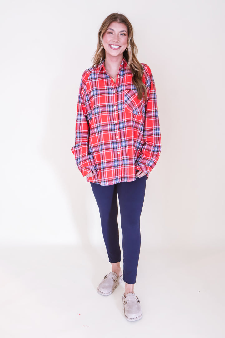 Oversized Plaid Button Down Shirt - Red