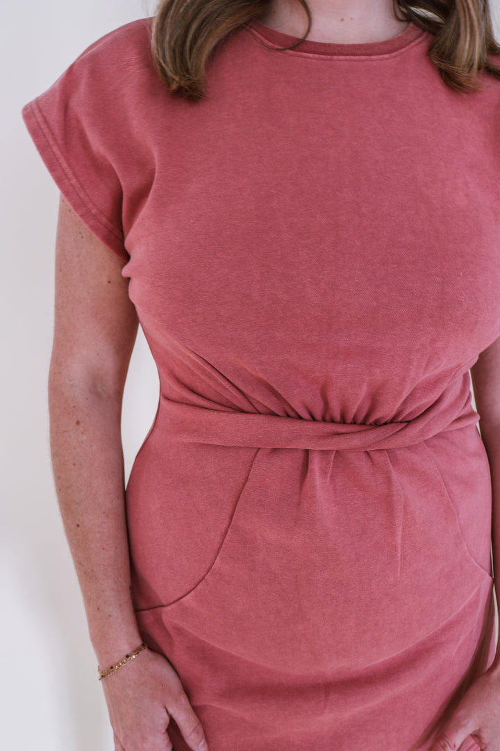 Mineral Wash Twist Mini Dress - Marsala