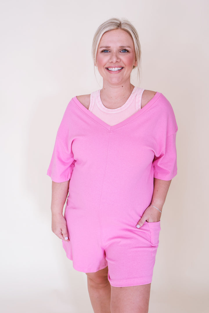2-Way V or Scoop Neck Romper - Candy Pink