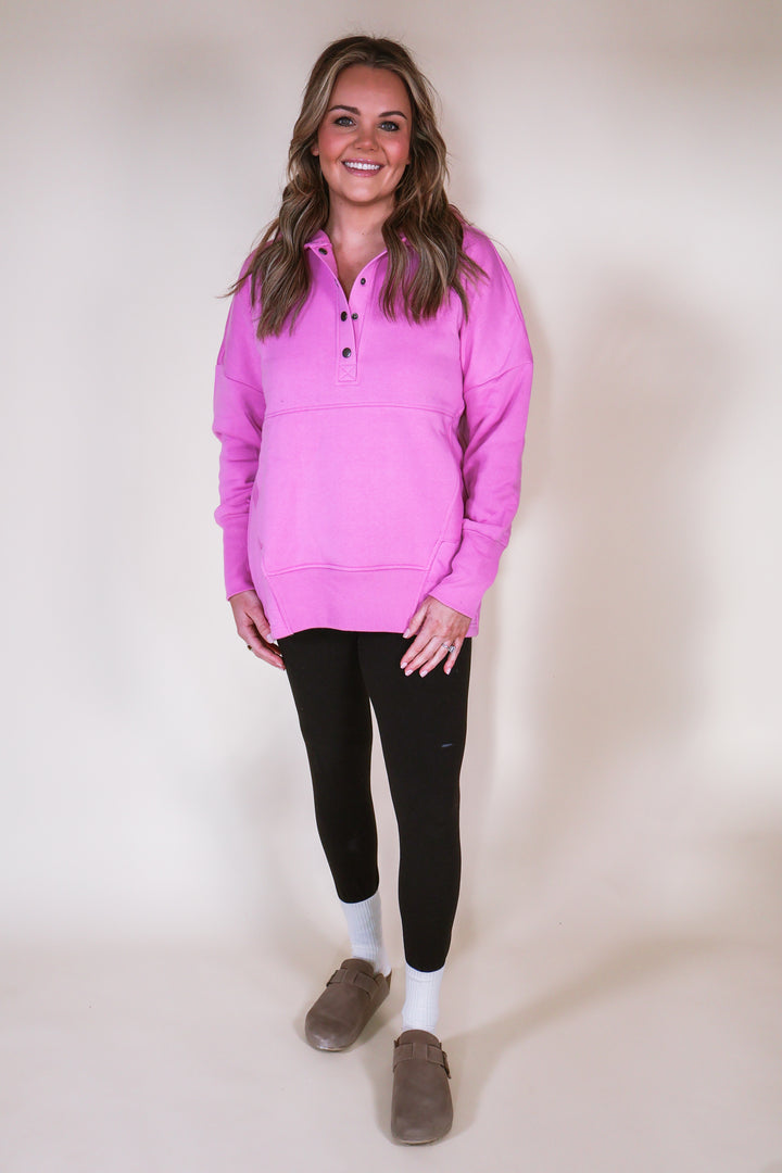 Fleece Half-Snap Button Hooded Sweatshirt - Bright Mauve
