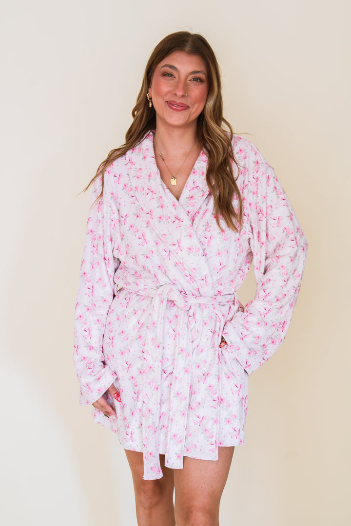 Cozy Soft Flower Print Robe - Pink Bow