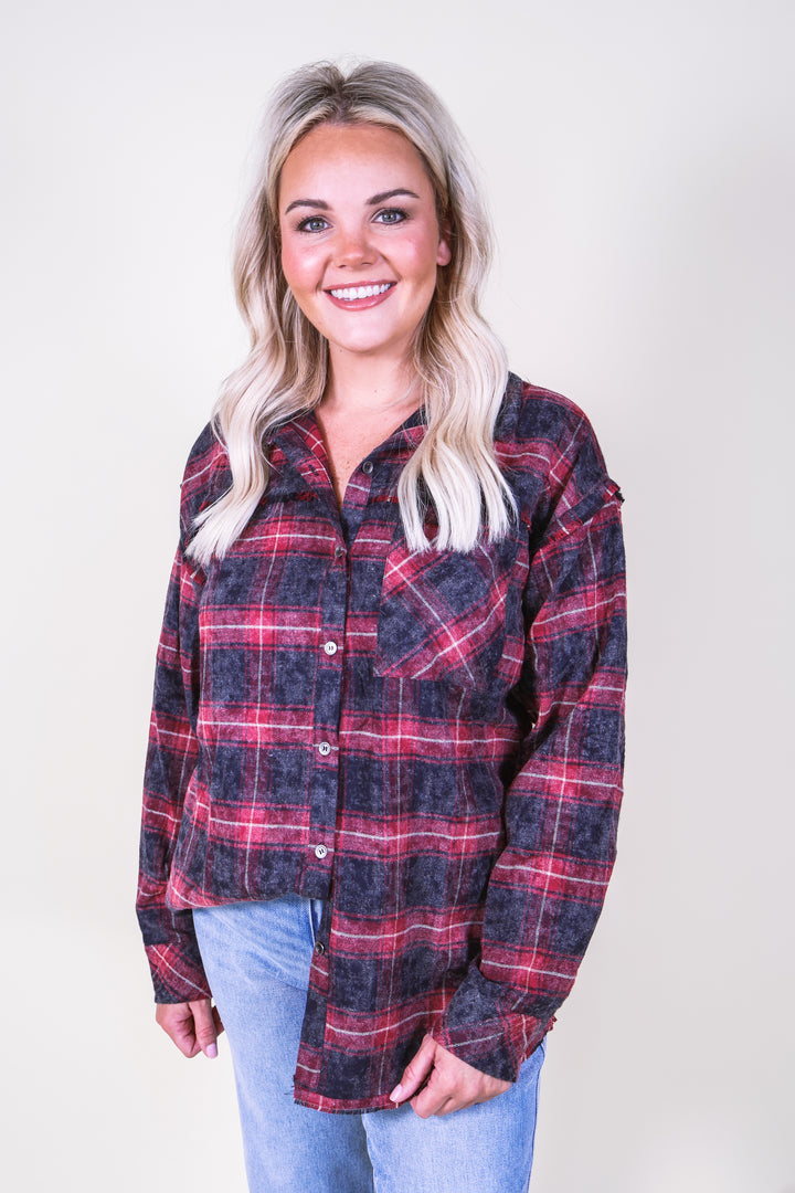 Fringe Detail Plaid Flannel Shirt - Navy