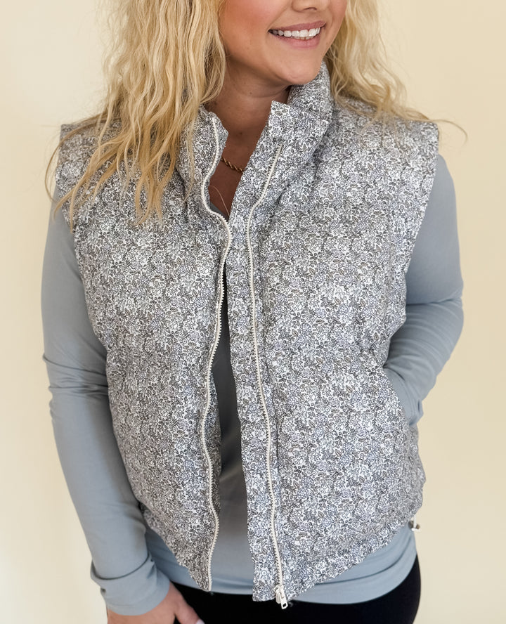 Hailey High Neck Floral Puffer Vest - Lavender