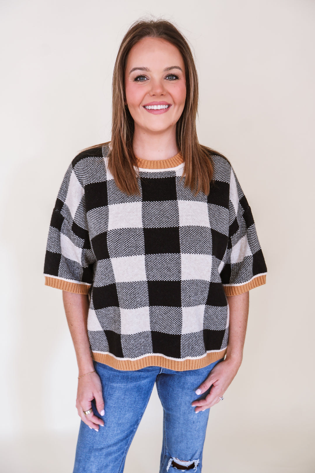 Checkered Drop Shoulder Sweater Top - Oatmeal/Black