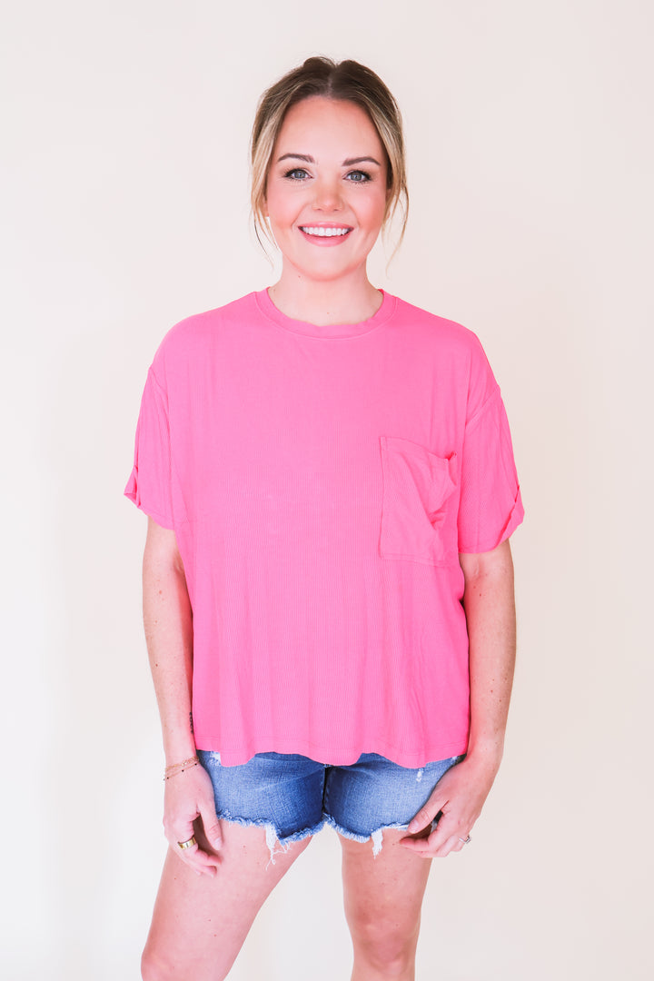 Oversized Ribbed Round Neck Short Sleeve Tee - Fuchsia