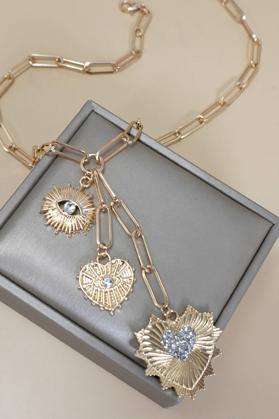 Evil Eye Sun Heart Charm Necklace - Gold