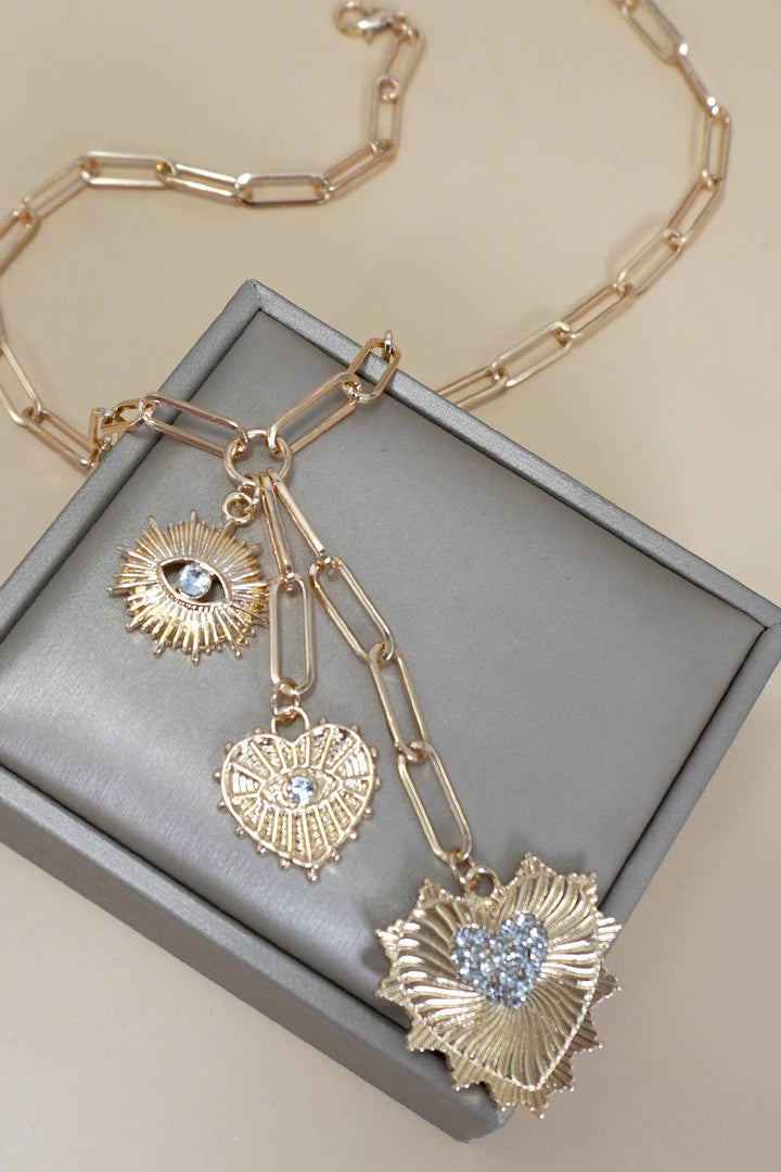 Evil Eye Sun Heart Charm Necklace - Gold