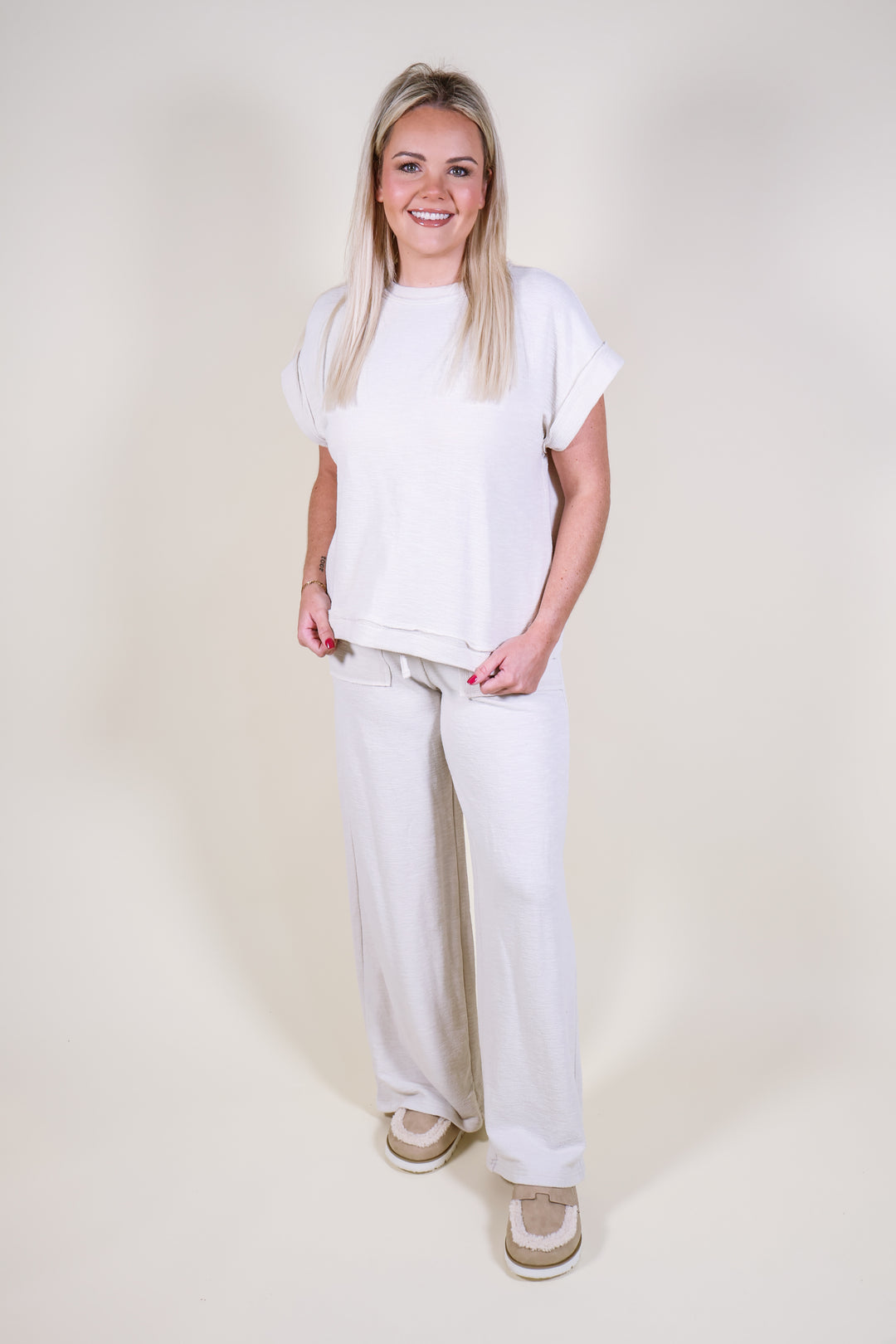 Slub Short Sleeve Tee & Pants Set - Sand Beige