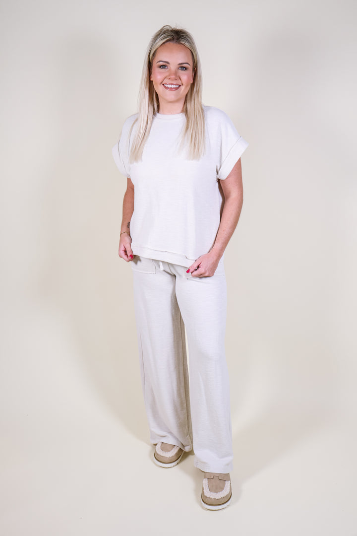 Slub Short Sleeve Tee & Pants Set - Sand Beige
