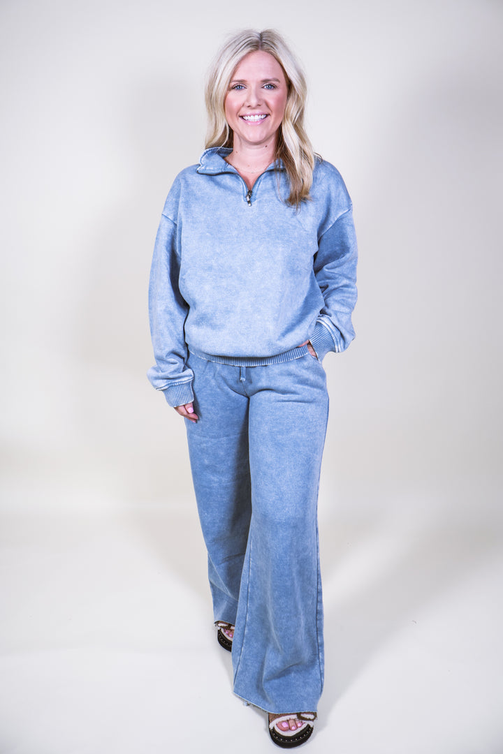 Acid Wash Fleece Half Zip Pullover - Blue Grey